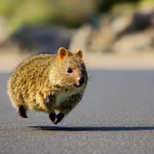 Image similar to A happy quokka running in front of a large explosion