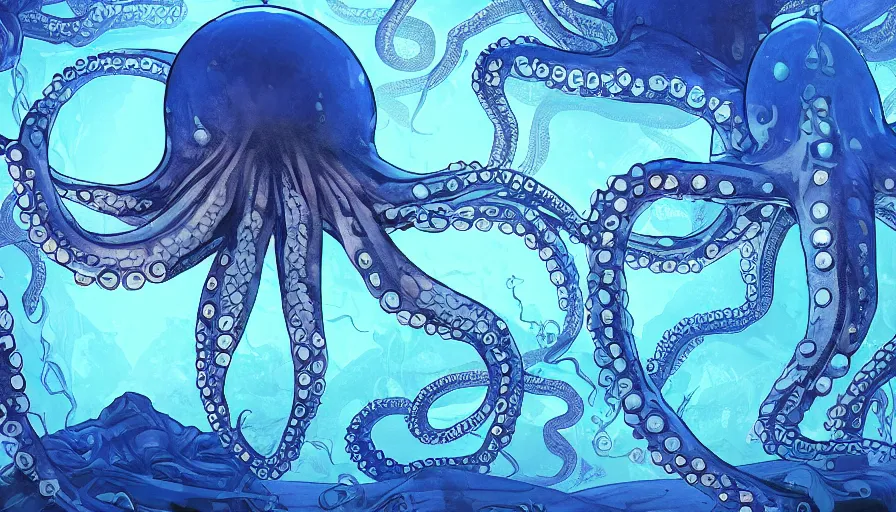 Prompt: octopus immersed in laboratory glass tanks, blue color scheme, digital illustration, dramatic lighting, cinematic composition, concept art, detailed textures