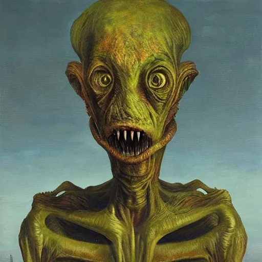 Image similar to A scary, uncanny, unnerving oil painting of a strange alien creature by Max Ernst and Maciej Rebisz