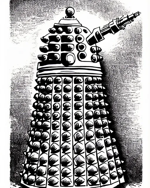 Image similar to a dalek as a d & d monster, pen - and - ink illustration, etching, by russ nicholson, david a trampier, larry elmore, 1 9 8 1, hq scan, intricate details, high contrast, no background