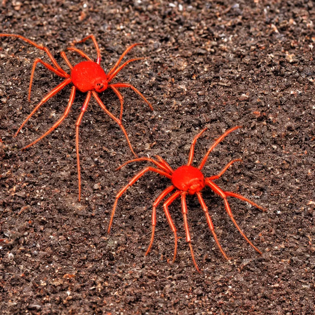 Prompt: a red spider standing on dirt ground, close view, macro view, field of view, high detail,