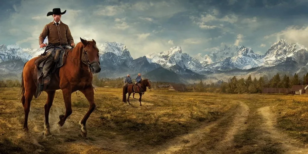 Prompt: still of a man riding a horse into an old west town surrounded by farmland and woods, snow capped mountains in the background, 4 k, realistic, very beautiful, digital art, elegant, highly detailed