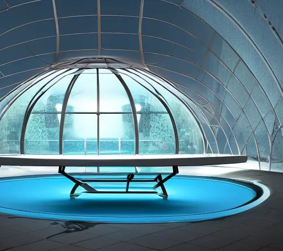 Prompt: A table tennis table inside a pool inside a futuristic lounge in a glass dome, designed by zaha hadid, octane render, ray tracing, 8k resolution, sharp