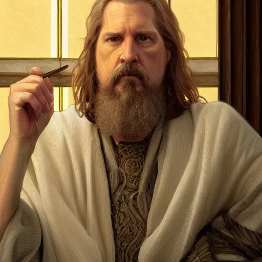 Image similar to portrait of the dude big lebowski, deep focus, rug, d & d, fantasy, intricate, elegant, highly detailed, digital painting, artstation, concept art, matte, sharp focus, illustration, art by artgerm and greg rutkowski and alphonse mucha