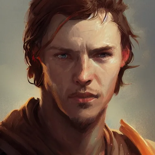 Image similar to portrait of a man by greg rutkowski, jedi knight owen skywalker, messy copper hair, jedi robes, star wars expanded universe, he is about 2 0 years old, wearing jedi robes, highly detailed portrait, digital painting, artstation, concept art, smooth, sharp foccus ilustration, artstation hq