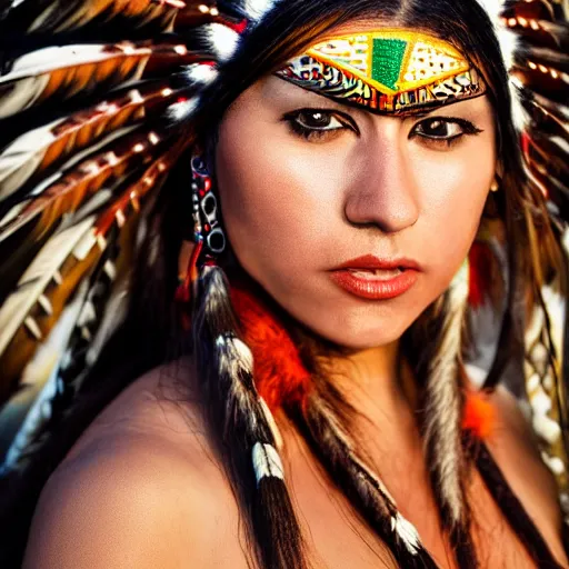Image similar to movie scene portrait photo of a native american beauty, tribal clothes, 8 k, masterpiece, pinup, highly detailed, smooth, sharp focus