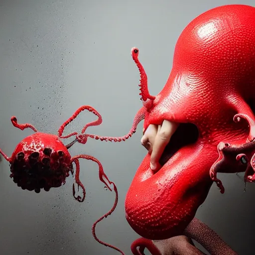 Image similar to a clean studio photography set, there is a bucket of red paint and it has just viciously exploded, there is paint EVERYWHERE, even on the giant octopus