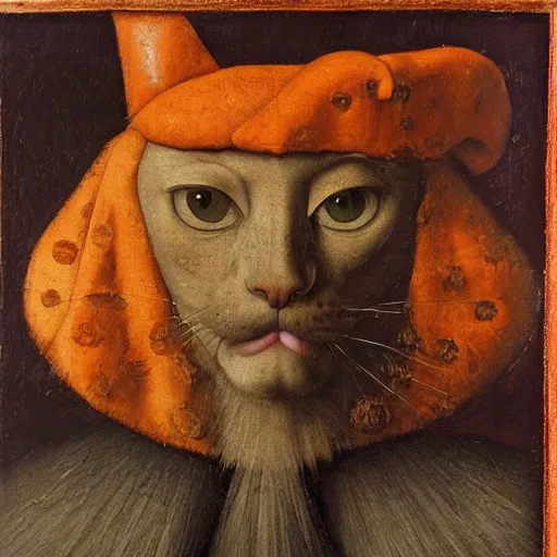 Image similar to portrait of a king with an orange cats head for a head, oil painting by jan van eyck, northern renaissance art, oil on canvas, wet - on - wet technique, realistic, expressive emotions, intricate textures, illusionistic detail