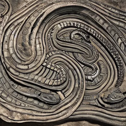 Image similar to serpent king : : grubby, volatile, highly detailed, maximalist : : obsidian carving : : shadows, visual depth, memorial, tomb : :