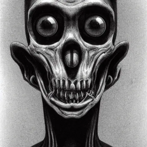 Prompt: humanoid with crooked teeth, two black eyes, long open black mouth, alien looking, big forehead, horrifying, killer, creepy, photo turning slightly yellow, dead, looking straight forward, realistic, slightly red, long neck, boney, monster, tall, skinny, skullish, deathly, in the style of alfred kubin