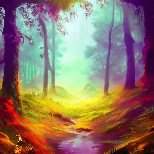 Prompt: fantasy forest landscape, rich color palette, fantasy, colorful, deviantart, digitalart, masterpiece
