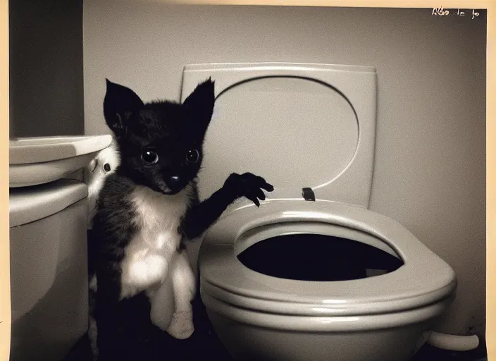 Image similar to high detail toilet, a bat kitten sits on the toilet, kodak expired film underexposed film grain light leak accidental exposure