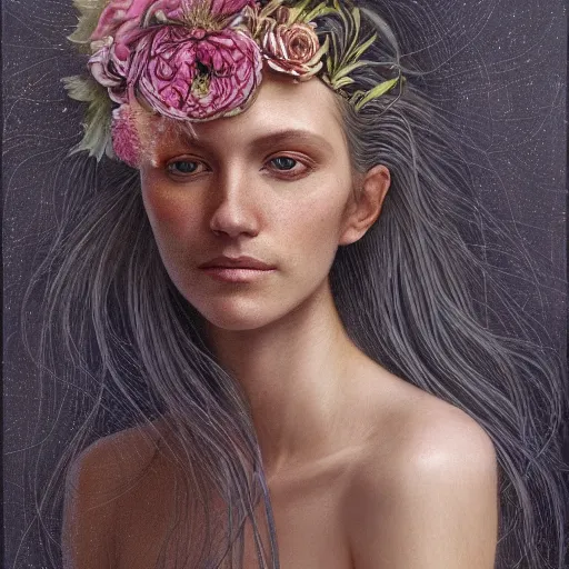 Image similar to facial portrait of a young pretty woman in flowing dress, arrogant, mysterious, long fine flowing hair, delicate, looking at camera, slightly awkward smile, realistic face, hands behind back, intricate, stylish, elegant, grimdark fantasy, flowers, extremely detailed painting by Martine Johanna and Ernst Haeckel and Greg Rutkowski