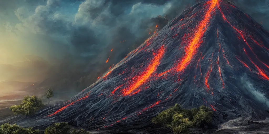 Image similar to a hyper realistic professional photographic view picture of a volcano, photographic filter unreal engine 5 realistic hyperdetailed 8k ultradetail cinematic concept art volumetric lighting, fantasy artwork, very beautiful scenery, very realistic painting effect, hd, hdr, cinematic 4k wallpaper, 8k, ultra detailed, high resolution, artstation trending on artstation in the style of Albert Dros glowing rich colors powerful imagery nasa footage drone footage drone photography