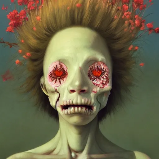 Image similar to a nature portrait of a p - zombie!!! natural lighting art dawn. highly detailed. colourful. moody. artstation, 4 k, by gerald brom zdzisław beksinski, and ansel adams and studio ghibli, horror, lots of sakura flowers, lovely