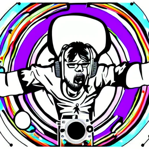 Image similar to svg sticker of a Dancing-Alex-Grey-Psychedelic-Rave-Man, at a rave, spinning records, giant headphones rocking out, wearing headphones, huge speakers, dancing, rave, DJ, spinning records, digital art, amazing composition, rule-of-thirds, award-winning, trending on artstation, featured on deviantart