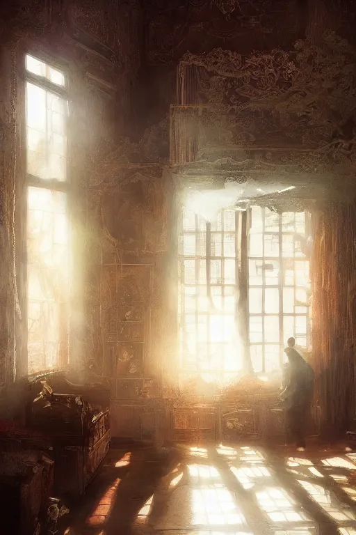 Prompt: inside an old house, intricate, elegant, volumetric lighting, scenery, digital painting, highly detailed, artstation, sharp focus, illustration, concept art,ruan jia, steve mccurry