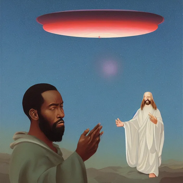 Prompt: a UFO, hovering over an African Jesus, painting by Hsiao-Ron Cheng,