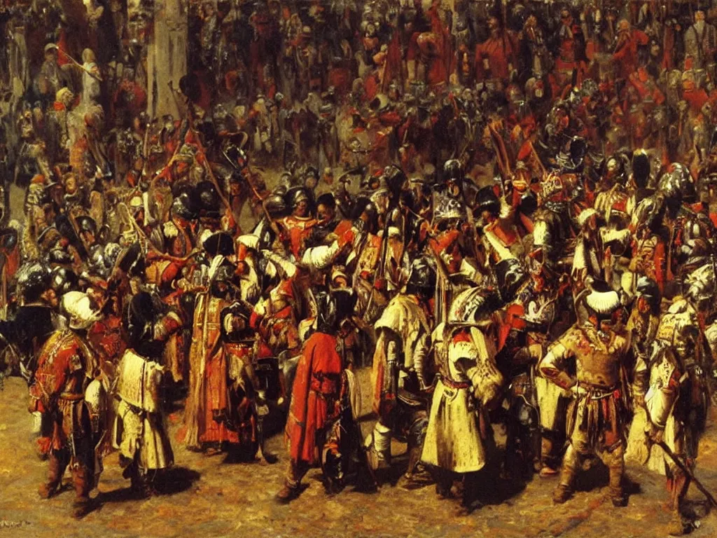 Image similar to The Spanish conquistadors meeting for the first time the Aztecs. Painting by Ilya Repin