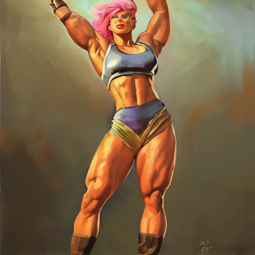 Prompt: greg manchess portrait of margot robbie as thick female bodybuilder zarya from overwatch in disco elysium, 6 7 4, epic grimdark, fantasy, medium shot, asymmetrical, profile picture, organic painting, sunny day, matte painting, bold shapes, hard edges, street art, trending on artstation, by huang guangjian and gil elvgren and sachin teng