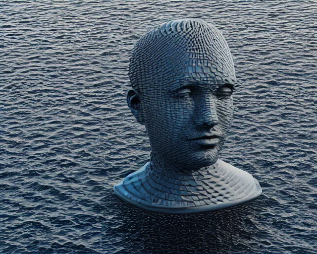 Prompt: a giant human head award winning sculpture on the surface of the ocean, abstract sculpture, in the style of chad knight, hyper detailed, hyper realistic, ray tracing, 8 k resolution, sharp focus