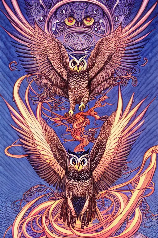 Image similar to illustration of a fire breathing owl in a suit, intricate linework, in the style of moebius, ayami kojima, 1 9 9 0's anime, retro fantasy