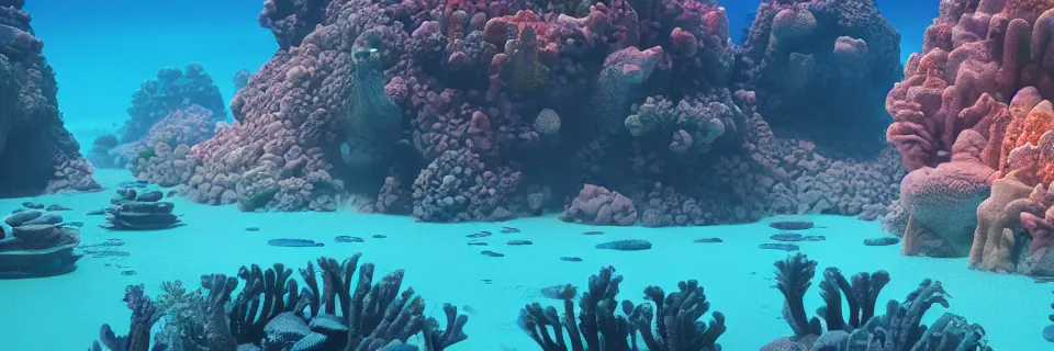 Prompt: a beautiful digital illustration of a domed underwater city on a vibrant coral reef by beeple | Byzantine architecture, made of coral | cinematic | unreal engine | octane | photorealistic |