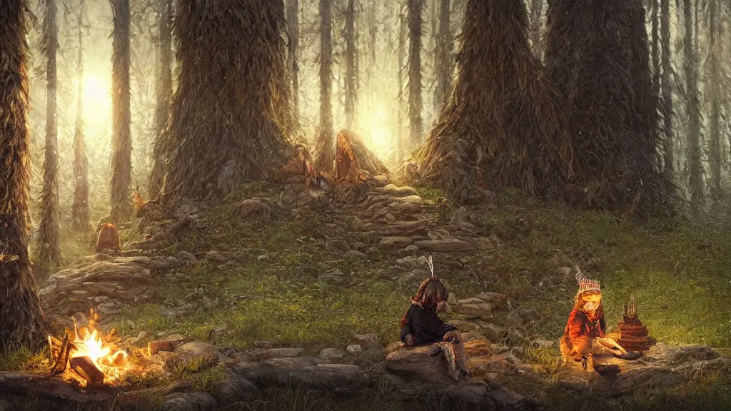 Image similar to highly detailed portrait of a grizzled indigenous child, sitting at a campfire, feathered headdress, traditional clothing, unreal engine, fantasy art by greg rutkowski, ferdinand knab, night, stars, aurora borealis, forest, global illumination, radiant light, detailed and intricate environment