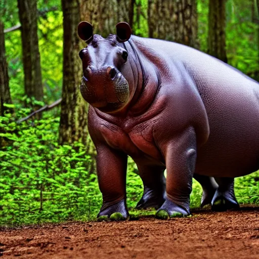 Prompt: a happy hippopotamus in a forest of cedar trees, realistic, photograph, high quality