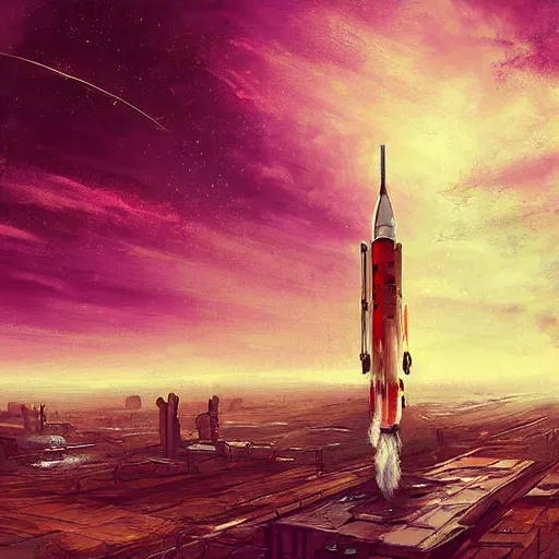 Prompt: the last space launch. apocalyptic. city destroyed in the background. red sky. smoke. cyberpunk. rocket. painting. digital art. high quality. high fidelity. digital art.