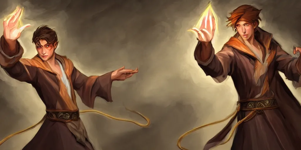 Image similar to concept art of a handsome young caucasian male sorcerer with brown hair he is casting a spell that is emanating from his hands he is in a alchemist lab, action pose, medium shot, waist up, dungeons and dragons art, magic the gathering art