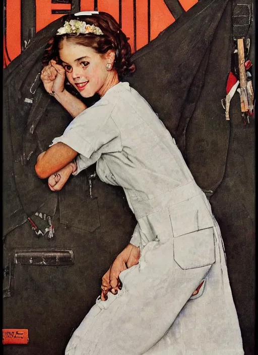 Prompt: a portrait by norman rockwell of a beautiful girl detailed features wearing a cargo wedding dress synthetic materials, jumpsuits chic'techno fashion trend by nike