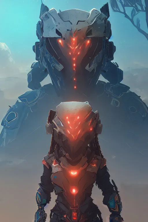 Image similar to combination suit armor aloy horizon forbidden west horizon zero dawn radiating a glowing aura global illumination ray tracing hdr fanart arstation by ian pesty and alena aenami artworks in 4 k tribal robot ninja mask helmet backpack