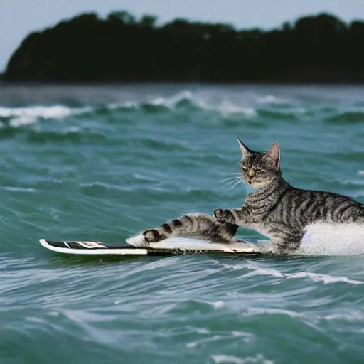 Image similar to a grey tabby cat surfing on a million fish