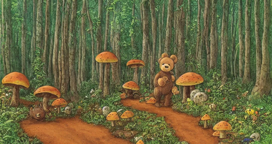 Prompt: teddy bear traveling on a forest road, with by lots of different kind on animals, small and big fairy tale buildings, giant mushrooms, weird creatures, highly detailed, fantasy art, fairy tale illustration, book illustration, by sven nordqvist, by studio ghibly, by tove jansson