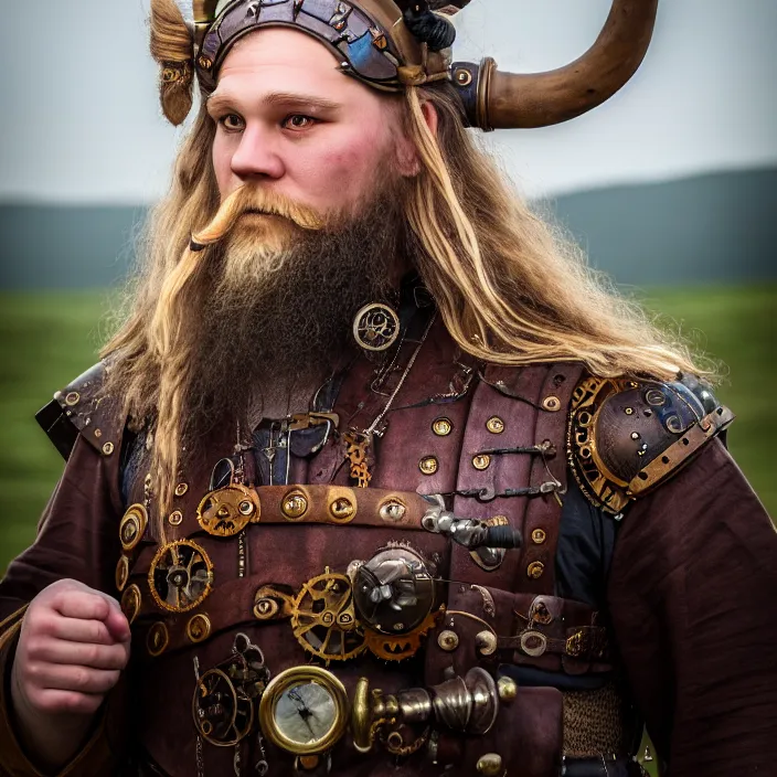 Prompt: full shot photograph of a real-life steampunk viking, Extremely detailed. 8k