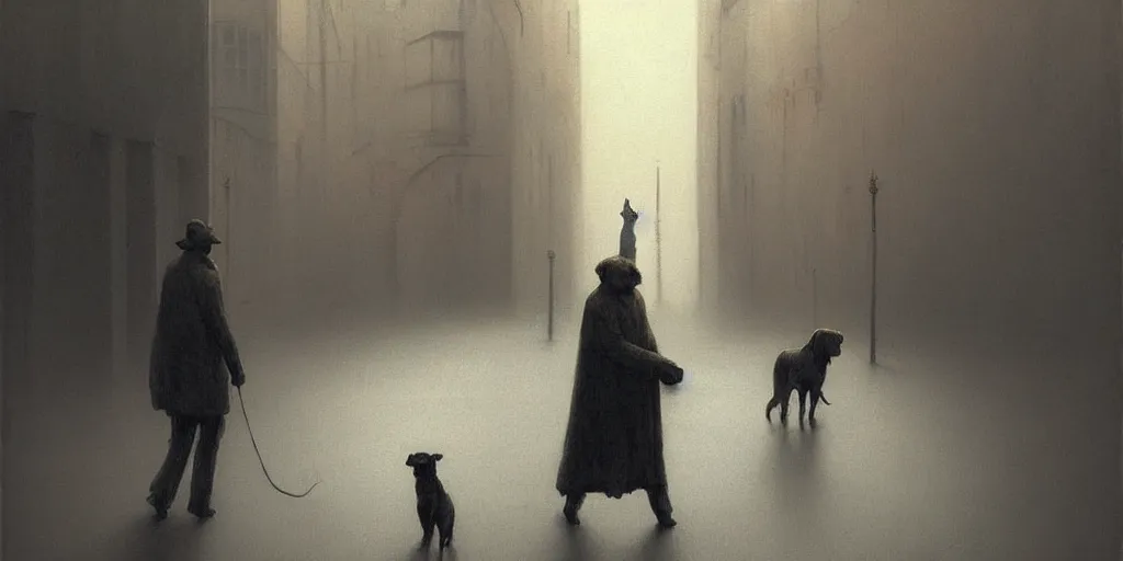 Image similar to painting of a dog and it's lifeless owner wandering the streets of london, by zdzislaw beksinski, by dariusz zawadzki, by wayne barlowe, gothic, surrealism, cold hue's, warm tone gradient background, concept art, focused scene, medium shot, beautiful composition