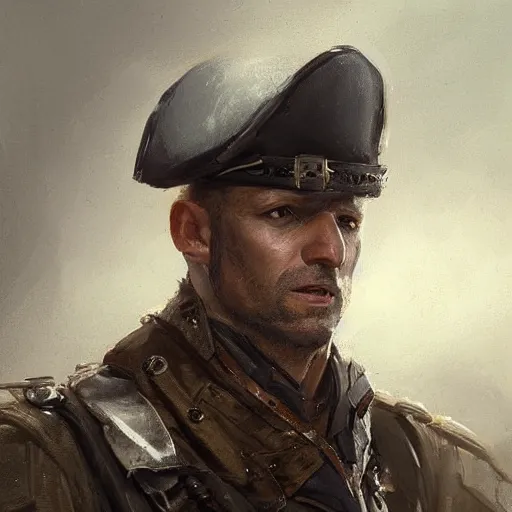 Image similar to Portrait of a man by Greg Rutkowski, he is about 40 years old, english pirate features, attractive, military composure, short brown hair, chilean, father image vibes, he is wearing futuristic military fatigues, highly detailed portrait, digital painting, artstation, concept art, smooth, sharp foccus ilustration, Artstation HQ.