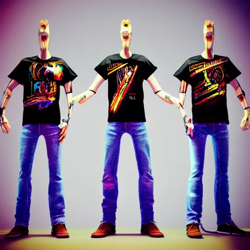 Image similar to merchandise tshirt art of a fictive rockband with 3 dieselpunk robots playing guitar, 8 k, flourescent colors, halluzinogenic, multicolored, exaggerated detailed, front shot, 3 d render, octane