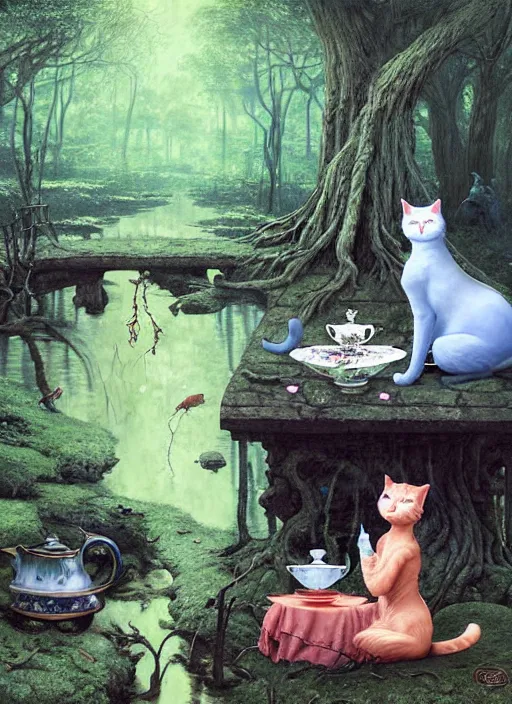 Prompt: cat having tea with a sorceress at a shrine in the woods by a stream, river gorgeous lighting, lush forest foliage blue sky a hyper realistic painting by chiara bautista and beksinski and norman rockwell and greg rutkowski weta studio, and lucasfilm