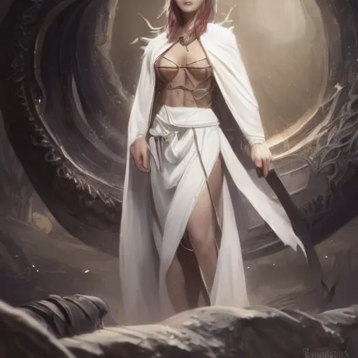 Prompt: A portrait of a female tiefling sorceress wearing a white robe, Magic the Gathering art, art by greg rutkowski, matte painting, trending on artstation, very detailed