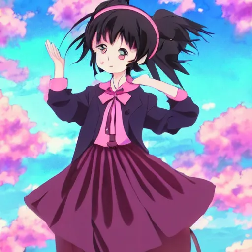 Image similar to Karl Marx as anime girl, wearing dress, cute smile, dancing, art by makoto shinkai, anime art, trending on artstation, pink hair