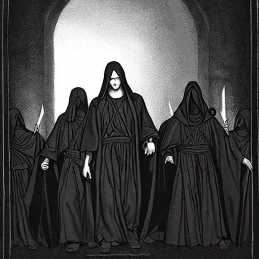 Prompt: the hooded messiah dressed in black robes leads his dark army towards the light, iconic, hero, silhouette, fantasy, epic, large scale, D&D, raphaelite, louvre