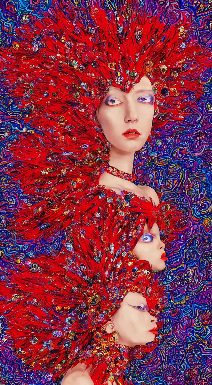 Prompt: a female character design wearing psychedelic high fashion, a red sequined bodysuit, beads hanging over her face like an alexander mcqueen headdress, costume by eiko ishioka, haute couture, dior, and a red cape by moebius, steven outram, colorful and psychedelic, hd, 8 k, artstation, high quality, ultra detailed
