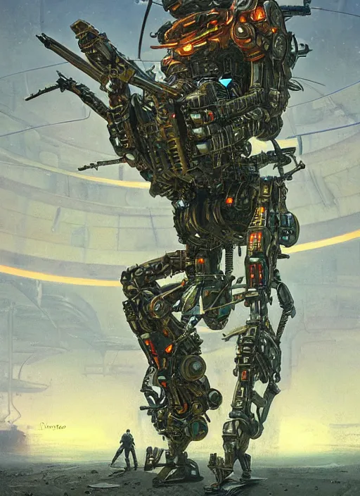 Prompt: large chunky robot scorpion bristling with weapons, neal asher sci - fi, cyberpunk, conceptual, hyperdetailed, donato giancola, james gurney, neon lights, mood lighting, rust