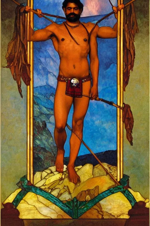 Prompt: a homoerotic symmetrical tarot card of a muscular shirtless south indian mountaineer on a mountain peak wearing a revealing scottish tartin kilt. he has a wooden staff, cowboy hat, and boots. background is a stained glass golden sunrise. art deco, art nouveau. by raja ravi varma, by louis comfort tiffany, by albert bierstadt. trending on artstation.