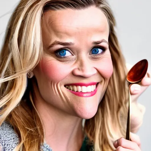 Prompt: Reese Witherspoon holding a spoon portrait 8k 50mm