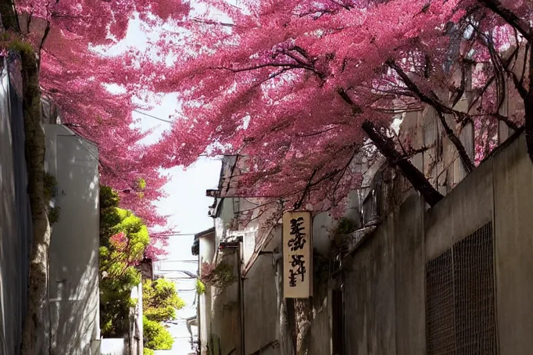Image similar to beautiful Japanese anime alleyway with sakura trees, art by Vincent Di Fate, rule of thirds