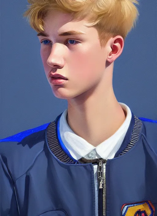 Image similar to portrait of a teenage boy named moose mason, blonde short hair, jock, beefy, square jaw, square facial structure, 1 9 5 0 s, blue varsity jacket, intricate, elegant, glowing lights, highly detailed, digital painting, artstation, concept art, smooth, sharp focus, illustration, art by wlop, mars ravelo and greg rutkowski