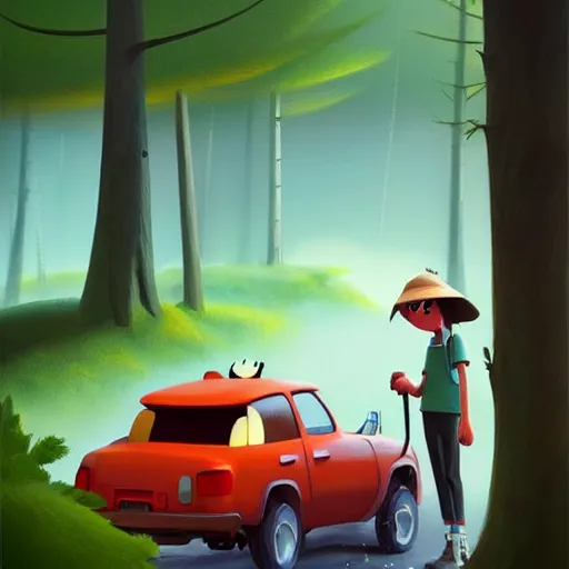 Image similar to goro fujita ilustration hikers parking the car in the forest, painting by goro fujita, sharp focus, highly detailed, artstation